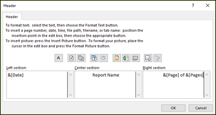 Page Setup Custom Header dialog