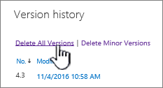 Version dialog, with Delete all versions highlighted