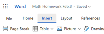 Screenshot of insert tab