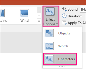Shows the Effect Options menu for the Morph Transition with Characters selected.