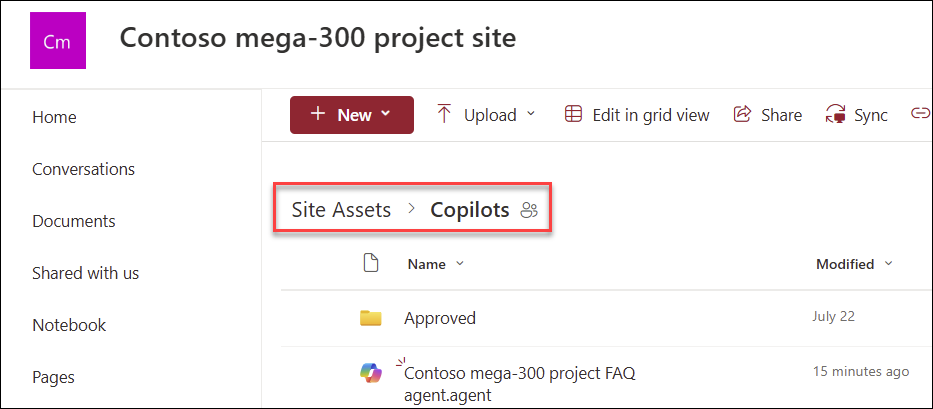 screenshot of where copilot agents are saved if created from home page