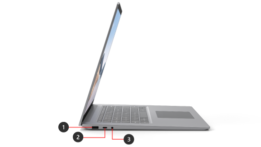 A Surface Laptop 4 with the ports shown