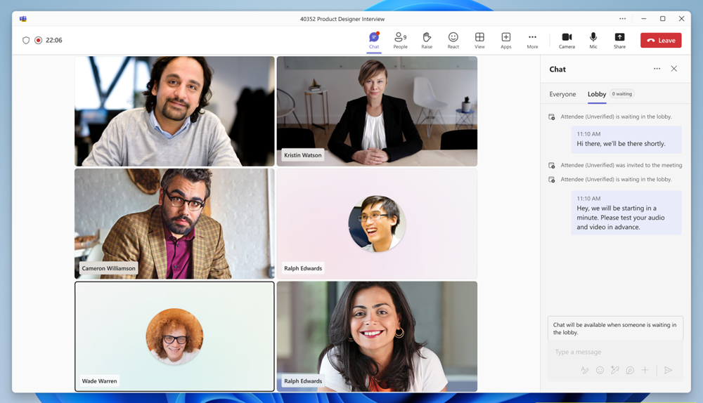 Screenshot showing the lobby chat pane open for a Teams meeting.