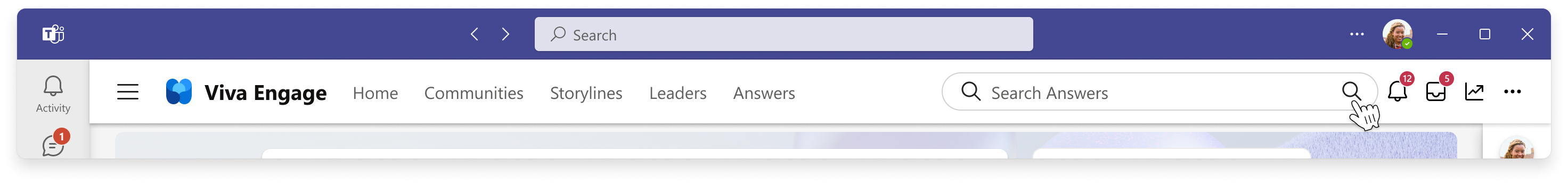 Image of the search experience for an Answer-wide search in Viva Engage