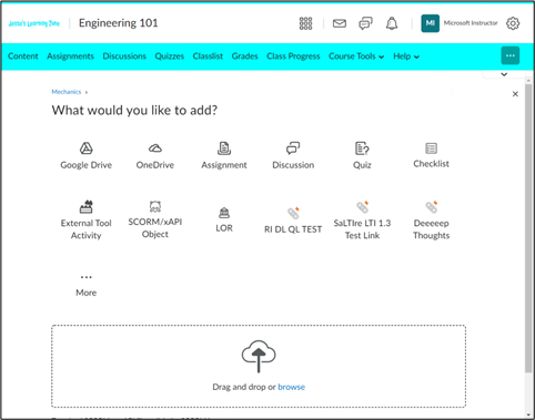 Screenshot of the D2L Brightspace LMS highlighting the "Existing Activities" dropdown in a course.