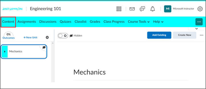 Screenshot of the LMS D2L Brightspace highlighting the "Select Content" button on a class.
