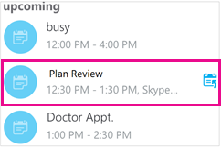 Upcoming meetings screen with one meeting highlighted