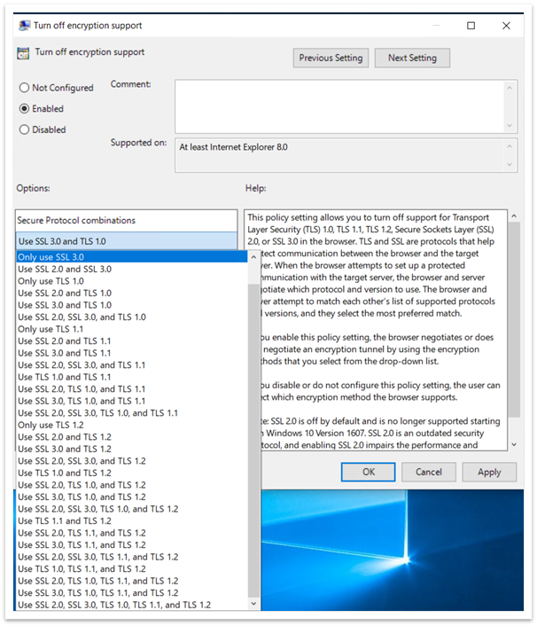 Turn off encryption support enabled with drop down showing various options