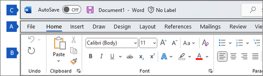 Ribbon in Word, showing the main regions of the ribbon.